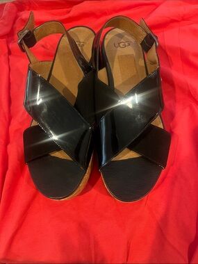 UGG Women's Black Patent Crisscross Wedge Sandals